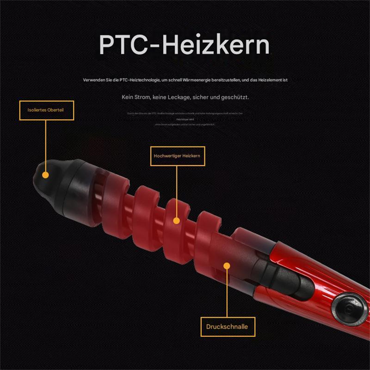 Ein Lockenstab mit rotem Heizelement und schwarzem Griff. Das Design zeigt innere Komponenten.