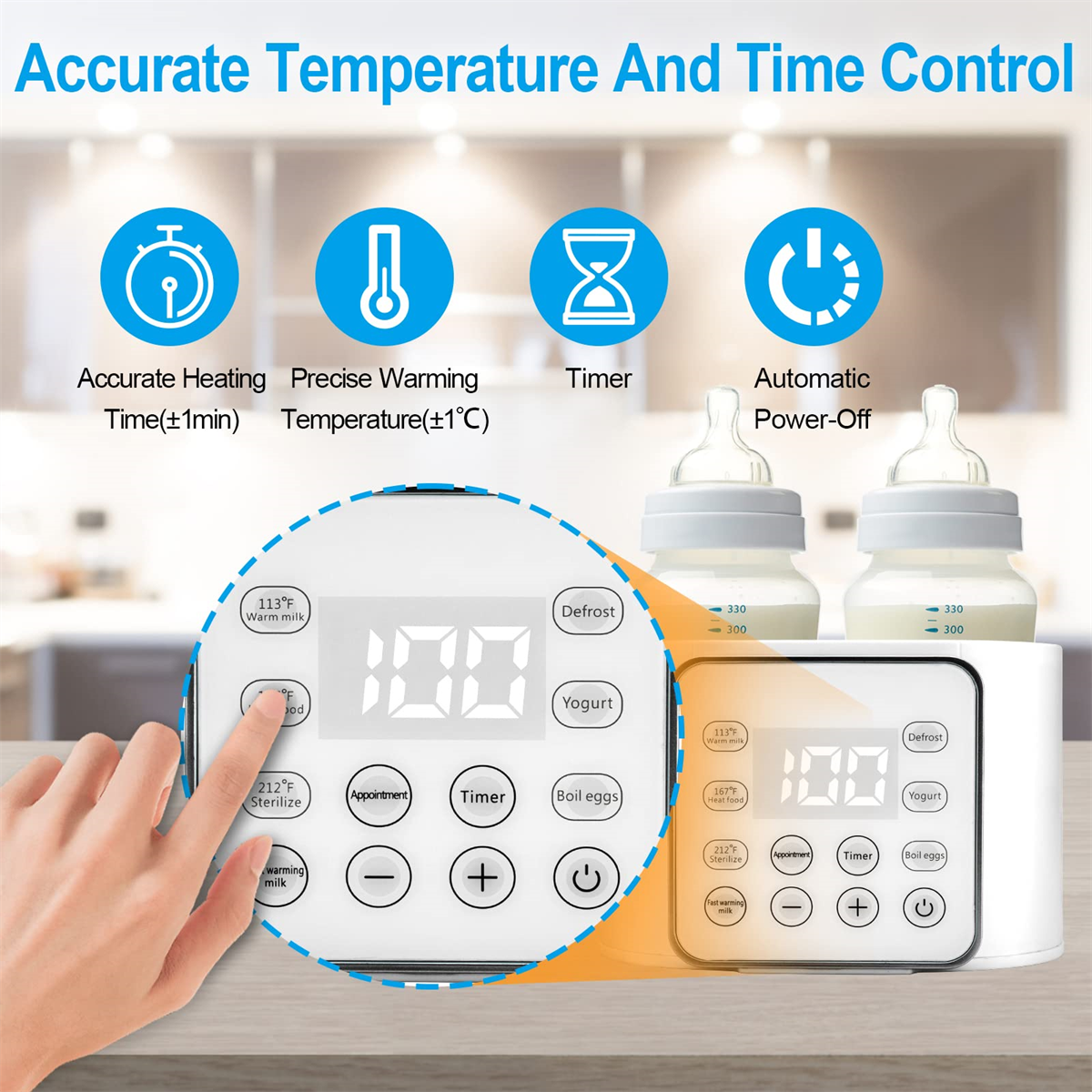 Weißes Gerät mit Digitalanzeige und Knöpfen zum Heizen und für den Timer.
