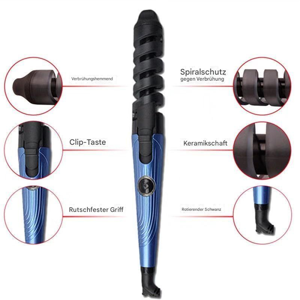 Blauer Lockenstab mit beschrifteten Teilen: Verbrühungshemmend, Clip-Taste usw.