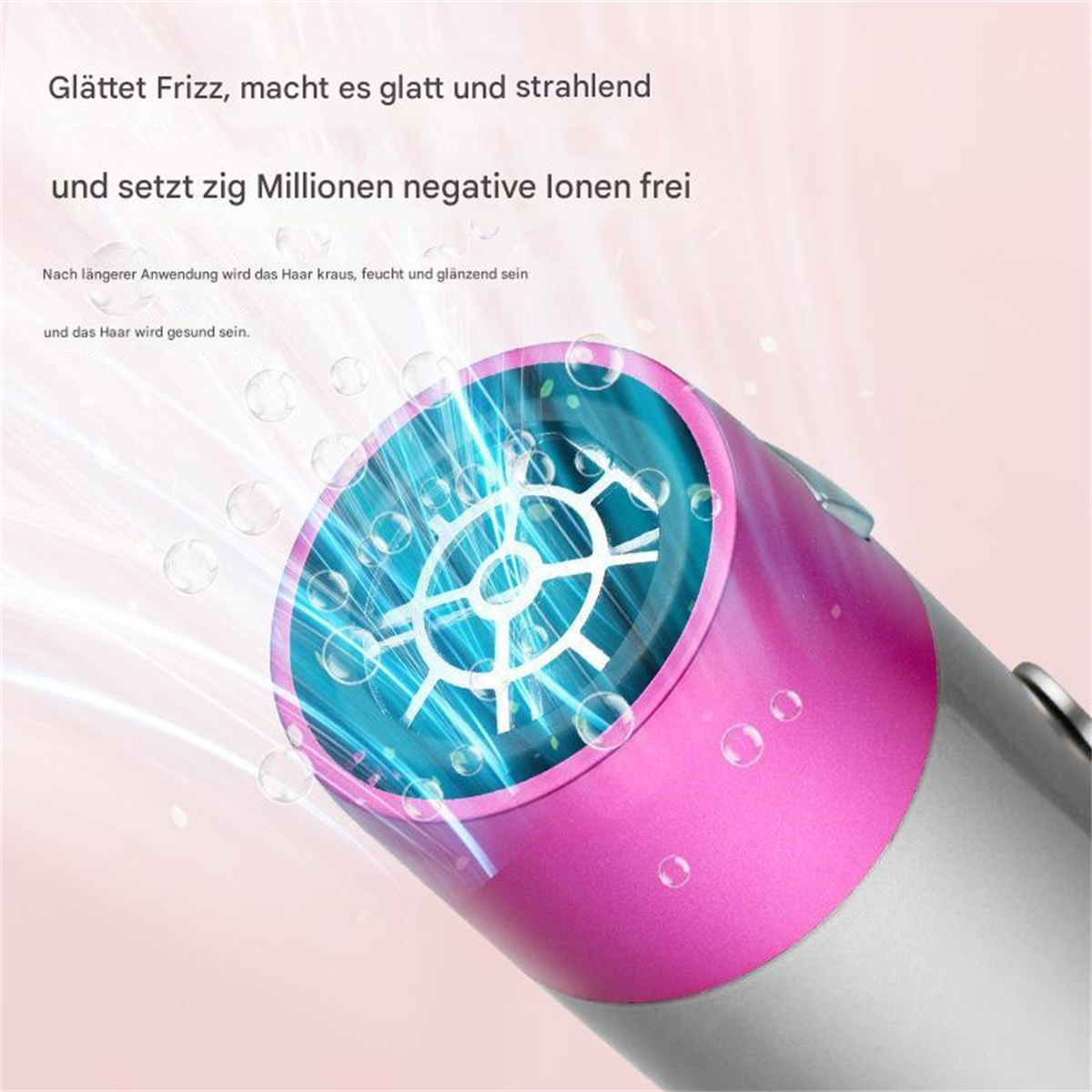 Rosa und silberner Haartrockner mit blauen Luftströmen, Nahaufnahme, mit Produktbeschreibung.