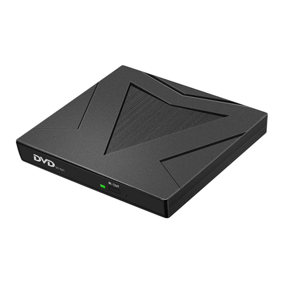 Schwarzer DVD-Player mit V-förmigem Design oben, mit einem Ein-/Aus-Indikator.