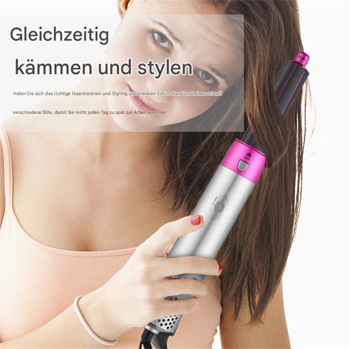 Haarstyling-Gerät mit rosa und silbernem Design. Eine Frau stylt ihre braunen Haare.