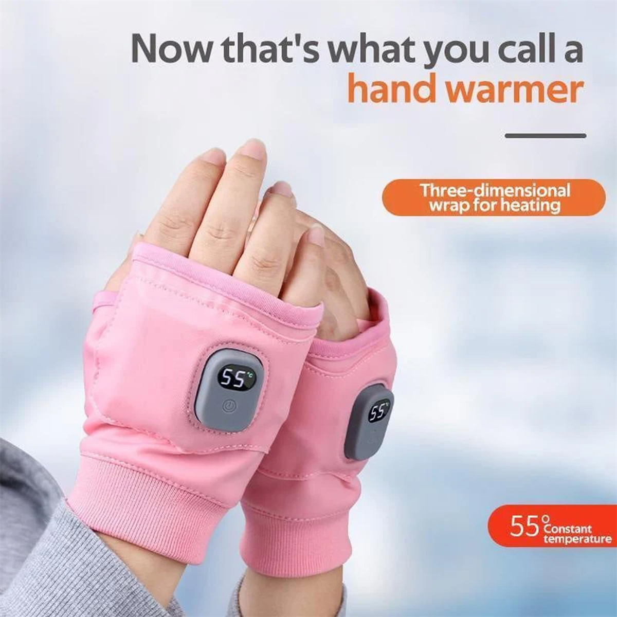 Ein Paar rosa Handwärmer mit Digitalanzeigen, die 55 Grad anzeigen. Der Text sagt Handwärmer und zum Heizen.