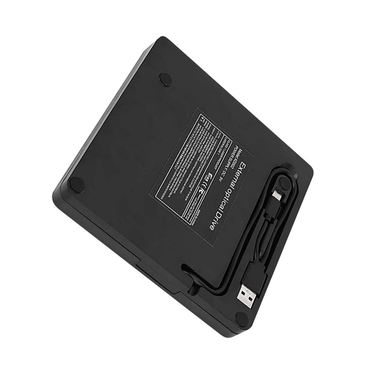 Schwarzes externes optisches Laufwerk, Unteransicht. Zeigt Anschlüsse, Etikett und USB-Kabel.