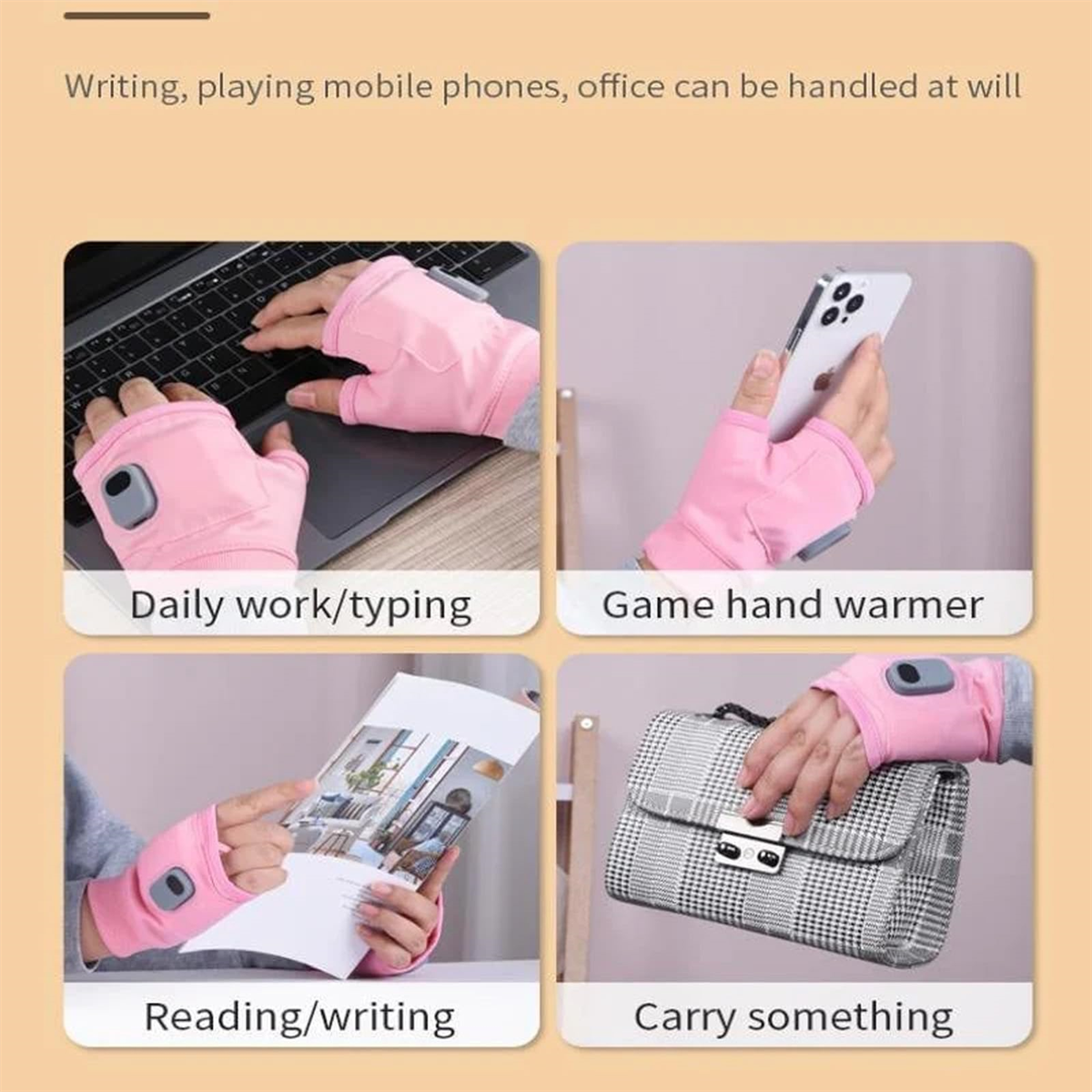 Rosafarbene fingerlose Handschuhe. Anwendungen: Tippen, Spielen, Lesen und Tragen von Gegenständen.