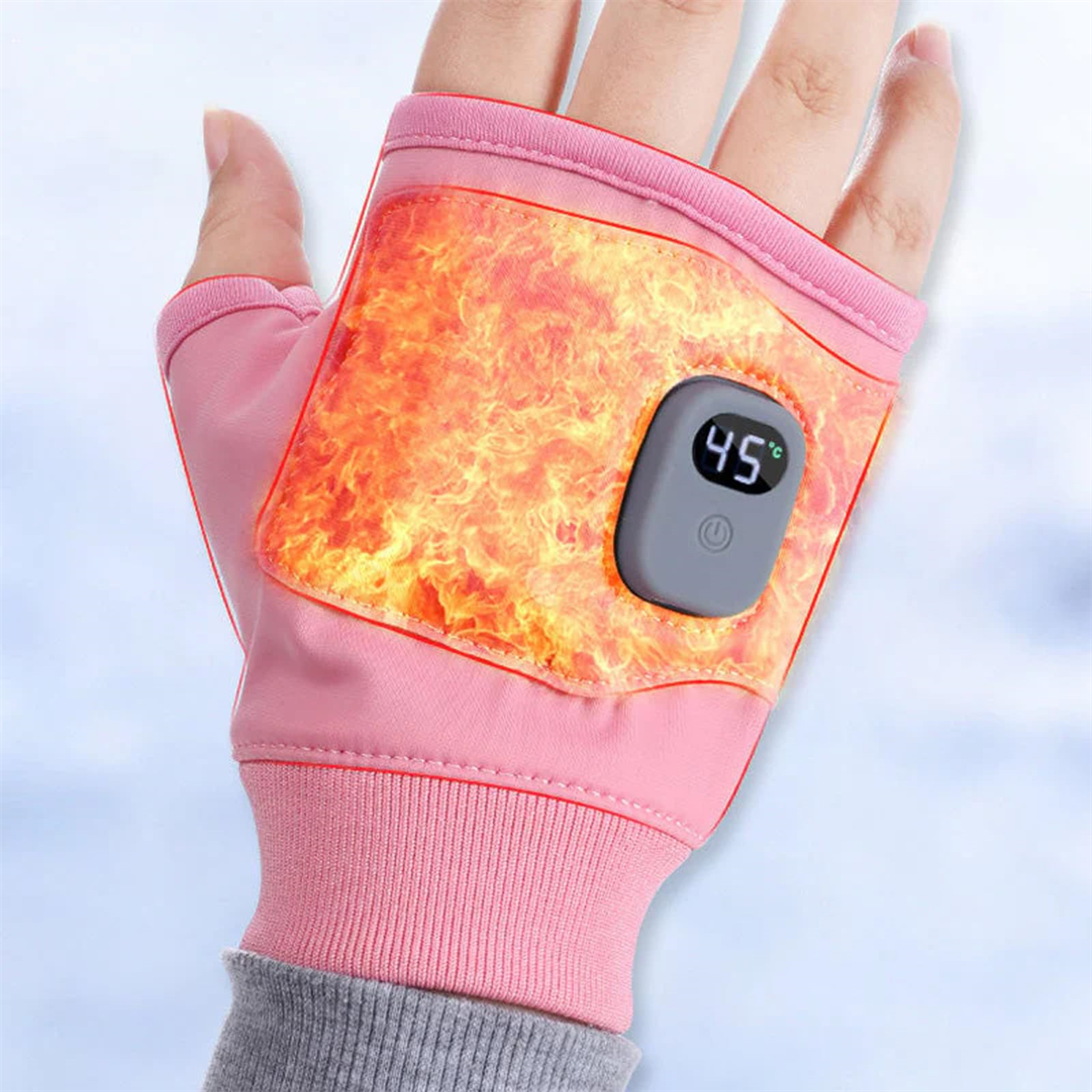 Pinker beheizter Handschuh mit Anzeige von 45 Grad.