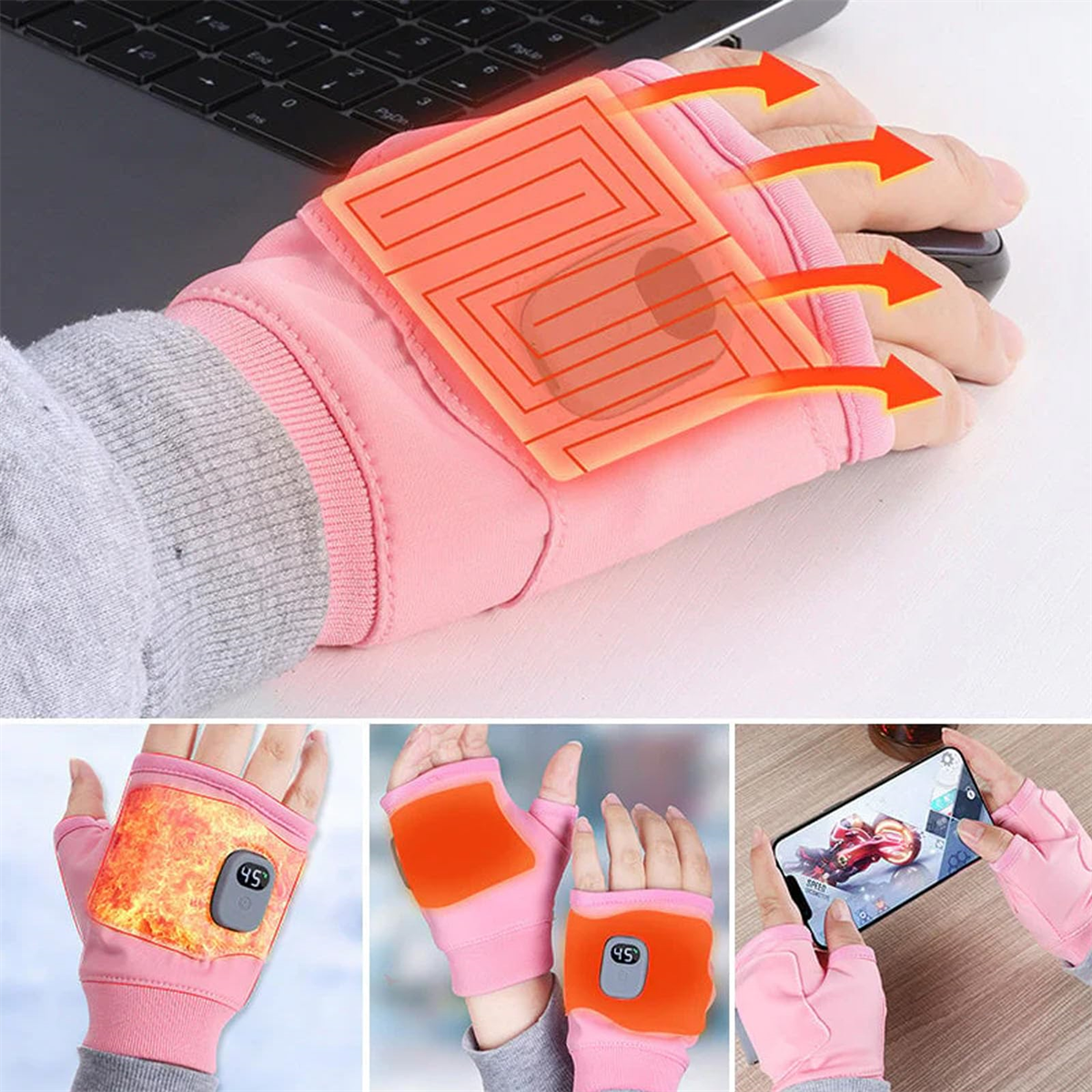 Pinkfarbene beheizbare Handschuhe mit Heizkissen und Digitalanzeige. Pfeile zeigen den Wärmefluss an.