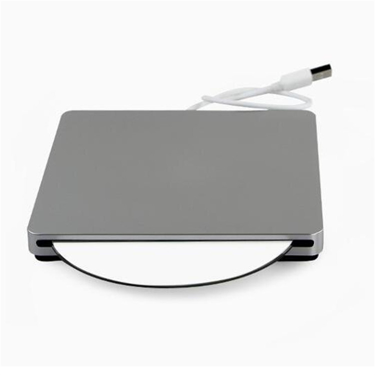 Ein silbernes, rechteckiges externes CD/DVD-Laufwerk mit weißem USB-Kabel.