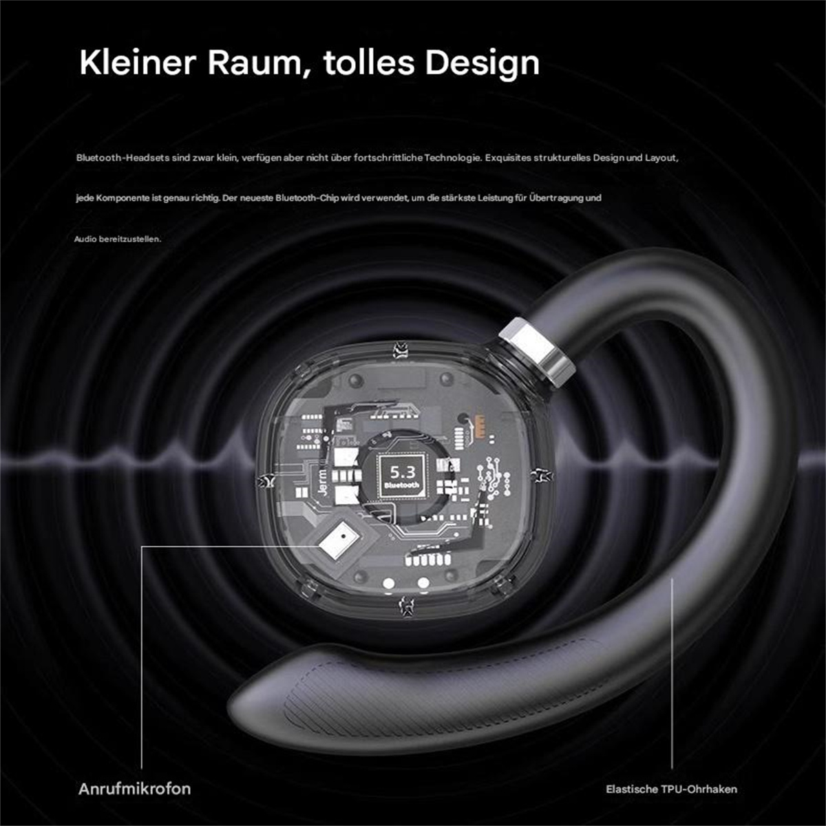 Ein Ohrhörer mit sichtbaren inneren Komponenten, der eine Leiterplatte und ein schwarzes Außendesign zeigt.