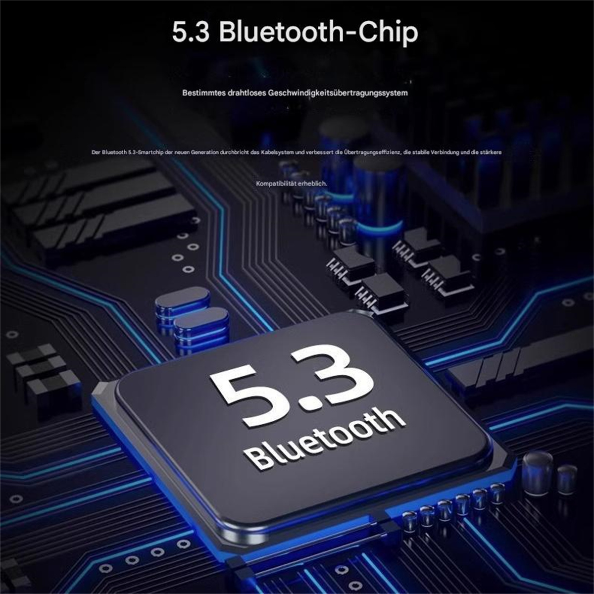 Nahaufnahme eines 5.3 Bluetooth-Chips mit Text und einem Hintergrund mit Leiterplatten.