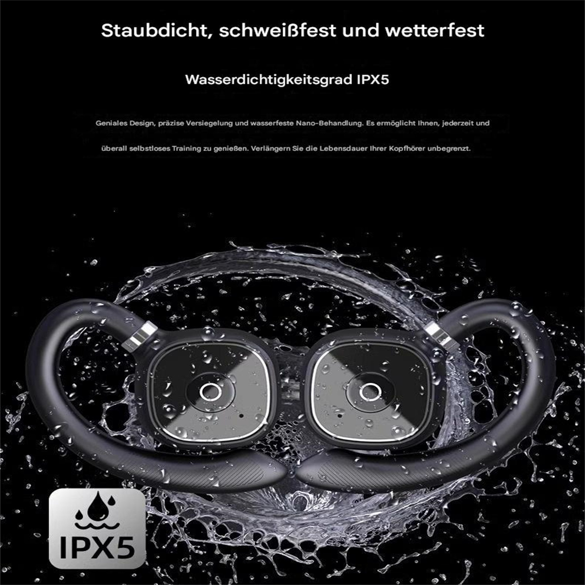 Schwarze kabellose Kopfhörer mit IPX5-Bewertung, Wassertropfen und Text auf Deutsch.
