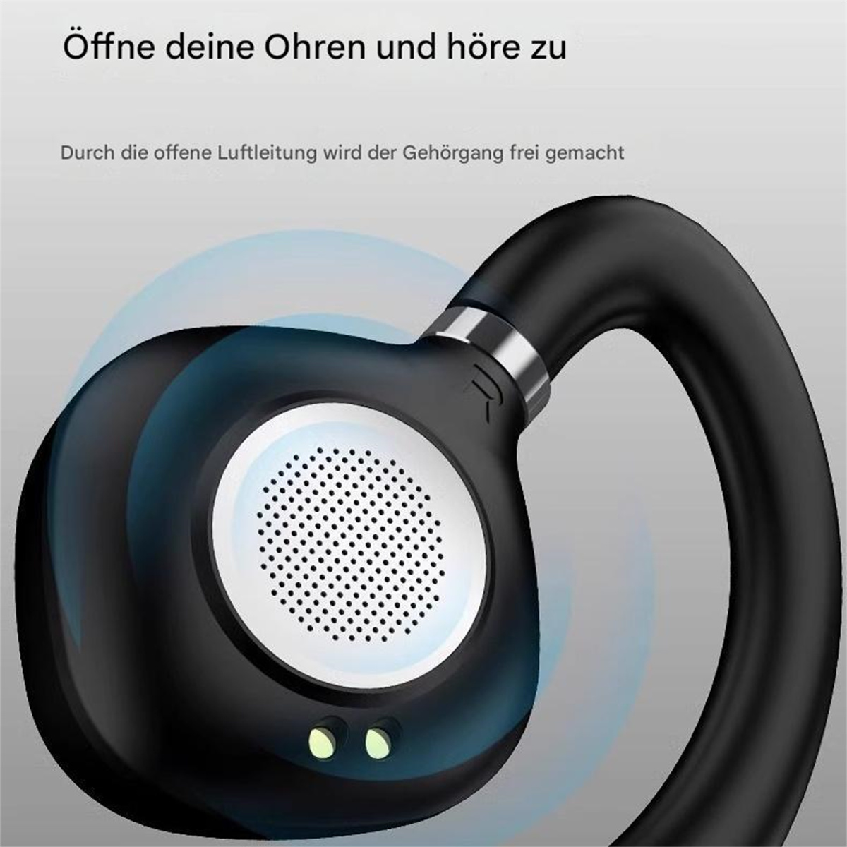 Schwarzer Kopfhörer am Ohr mit deutschem Text. Nahaufnahme.