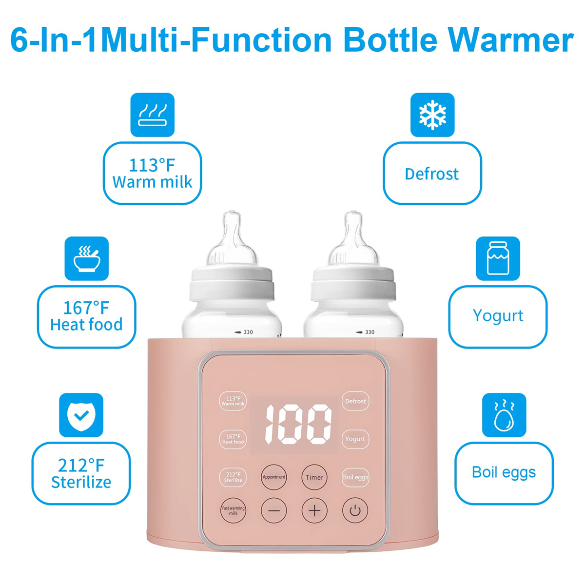 Rosa 6-in-1 Babyflaschenwärmer mit zwei Flaschen und Funktionssymbolen.