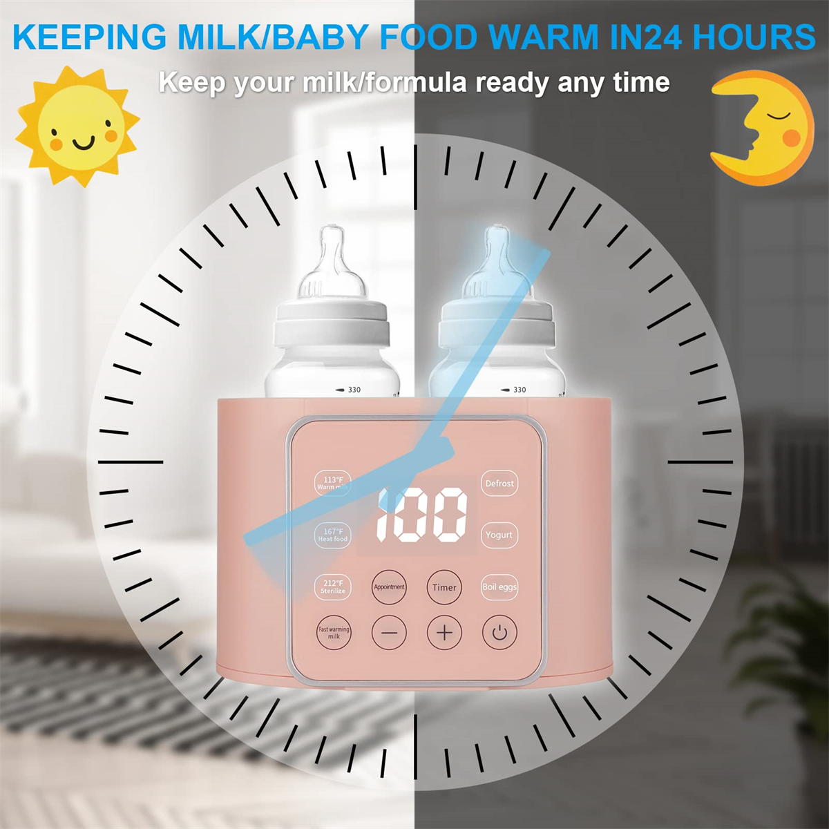 Babyflaschenwärmer mit Flaschen und Timer. Sonnen- und Mond-Icons.