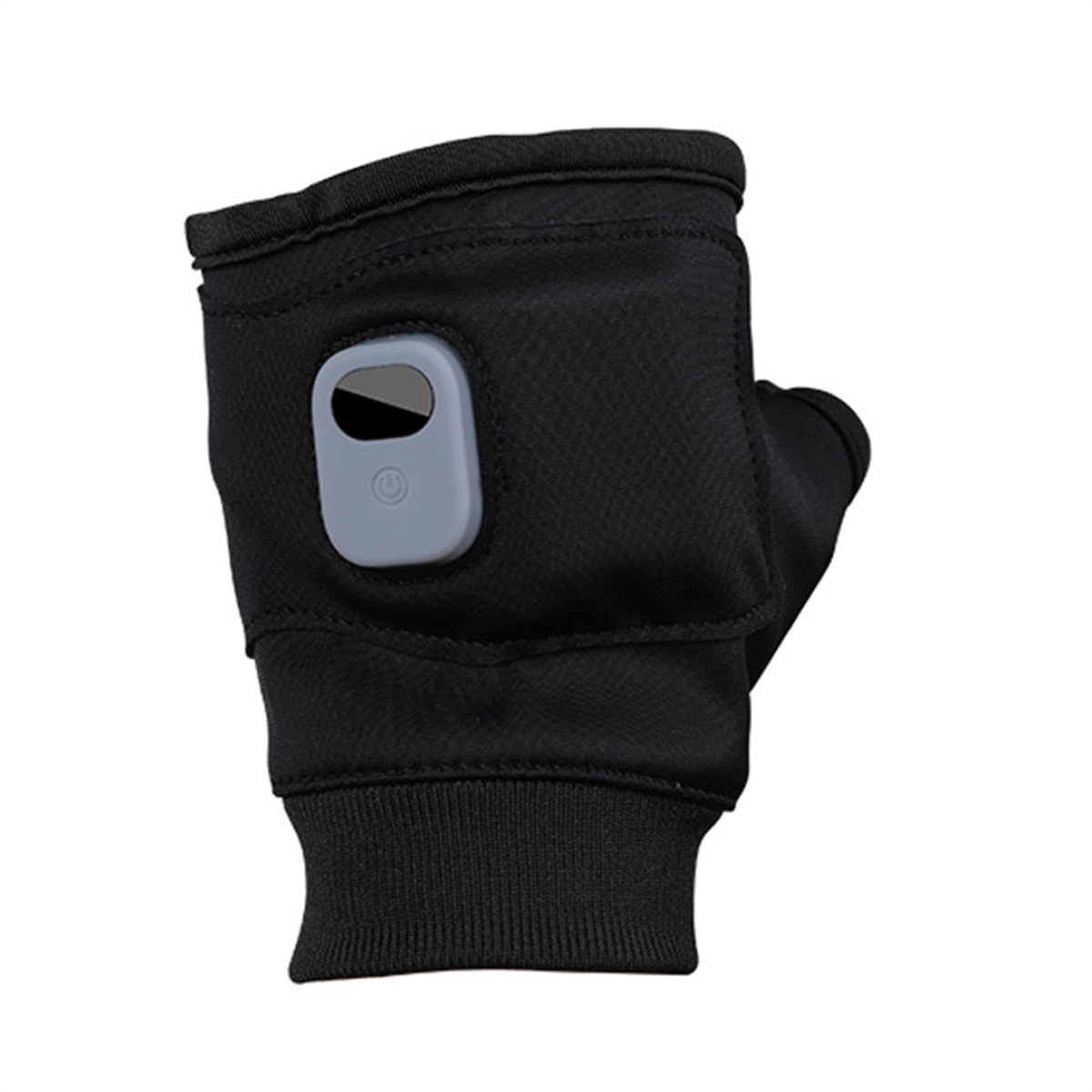 Schwarzer Handschuh mit grauem Bedienfeld, für Aktivitäten.