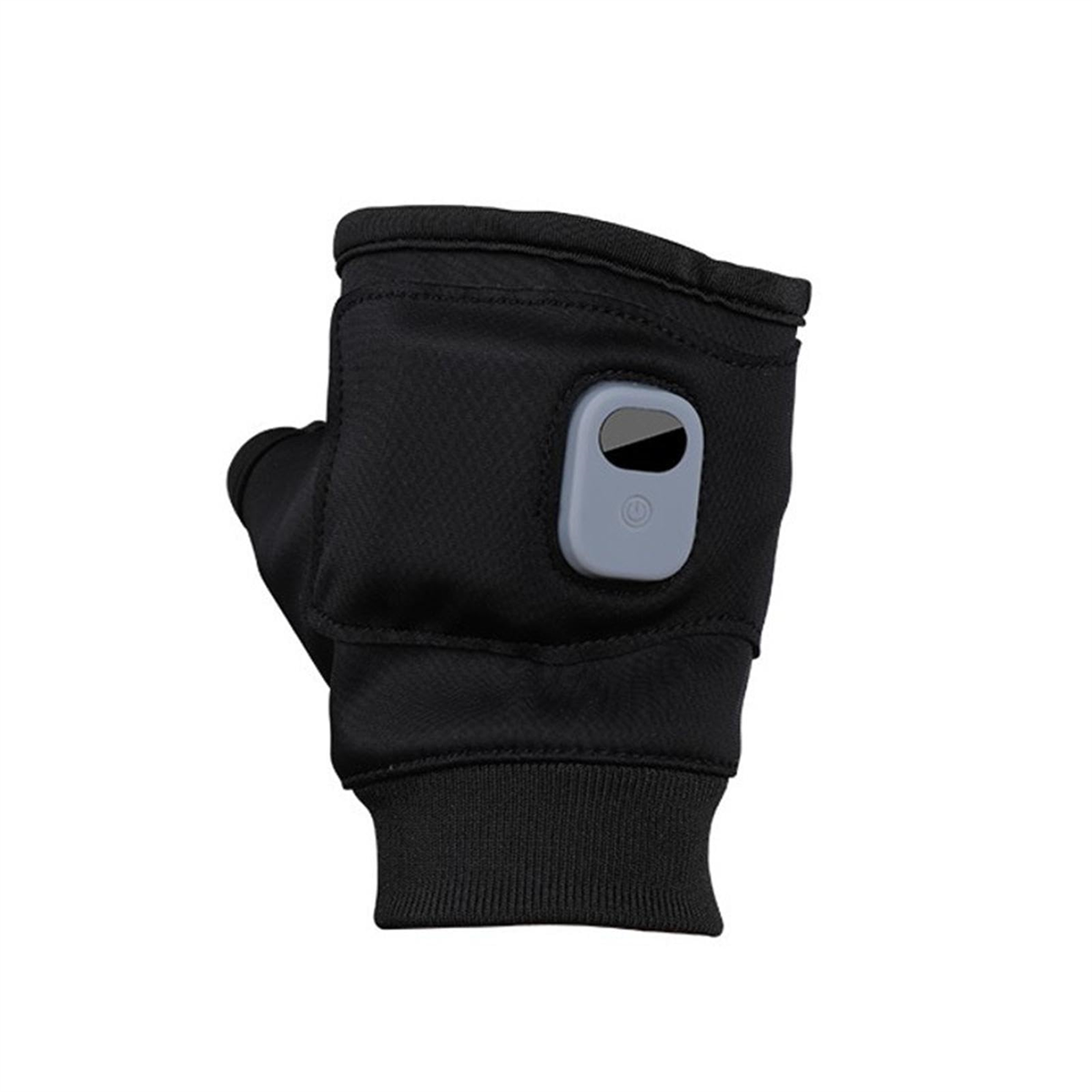 Ein schwarzer Handwärmerhandschuh mit einem Knopf zur Steuerung, auf weißem Hintergrund.