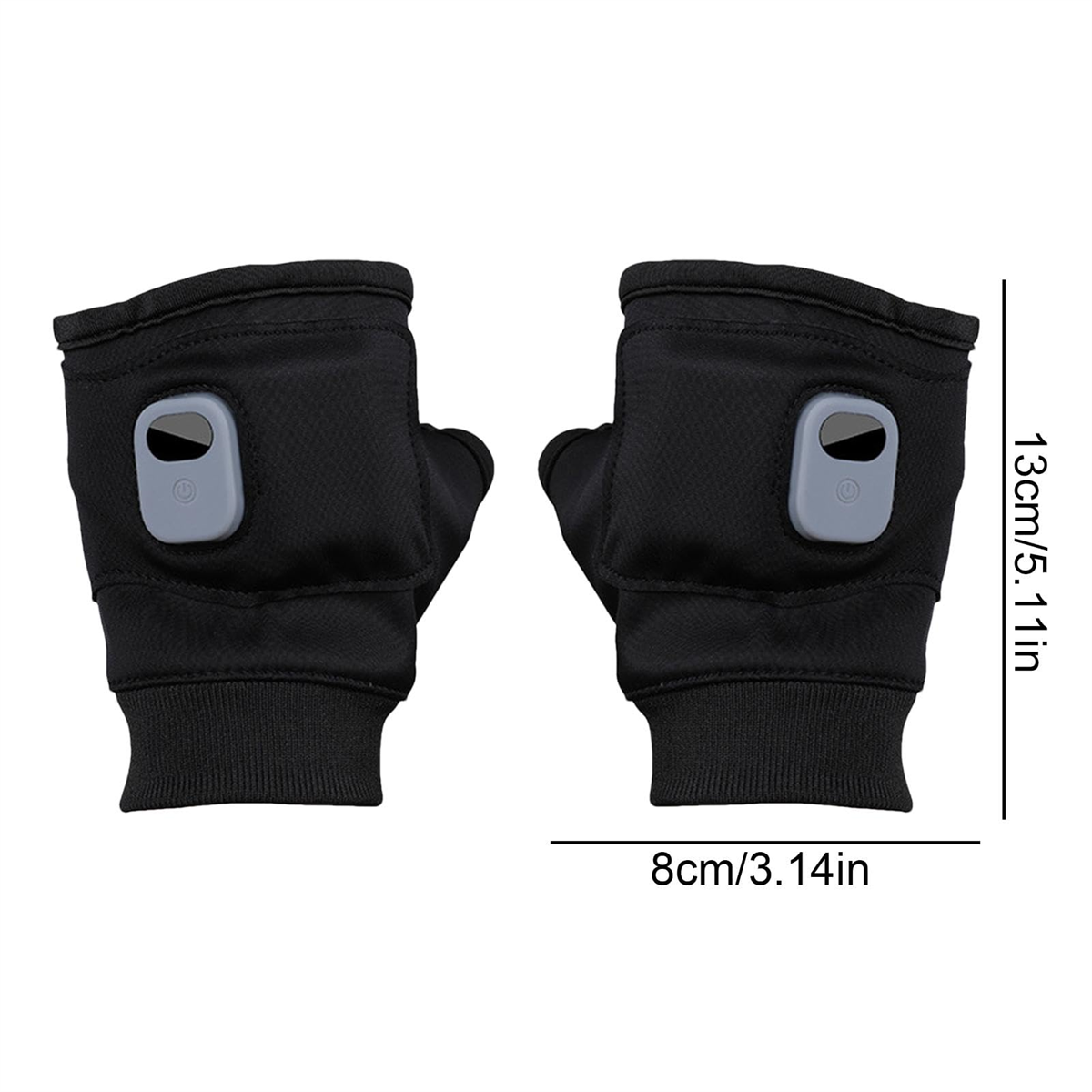 Schwarze Handschuhe mit einem grauen Knopf an jedem. Maße sind auf der rechten Seite angezeigt.
