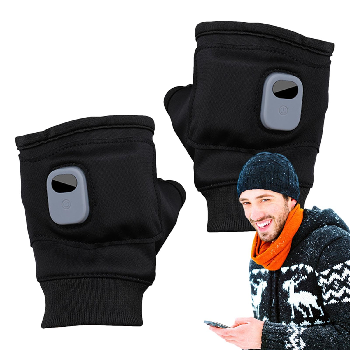 Schwarze beheizbare Handschuhe mit lächelndem Mann mit Schal und Mütze.