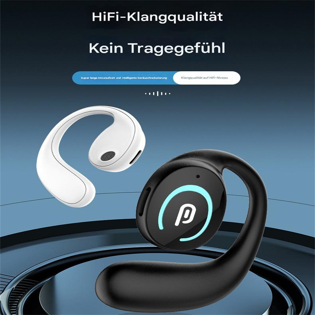Zwei schwarz-weiße kabellose Kopfhörer, einer im Ohr und einer auf dem Tisch.