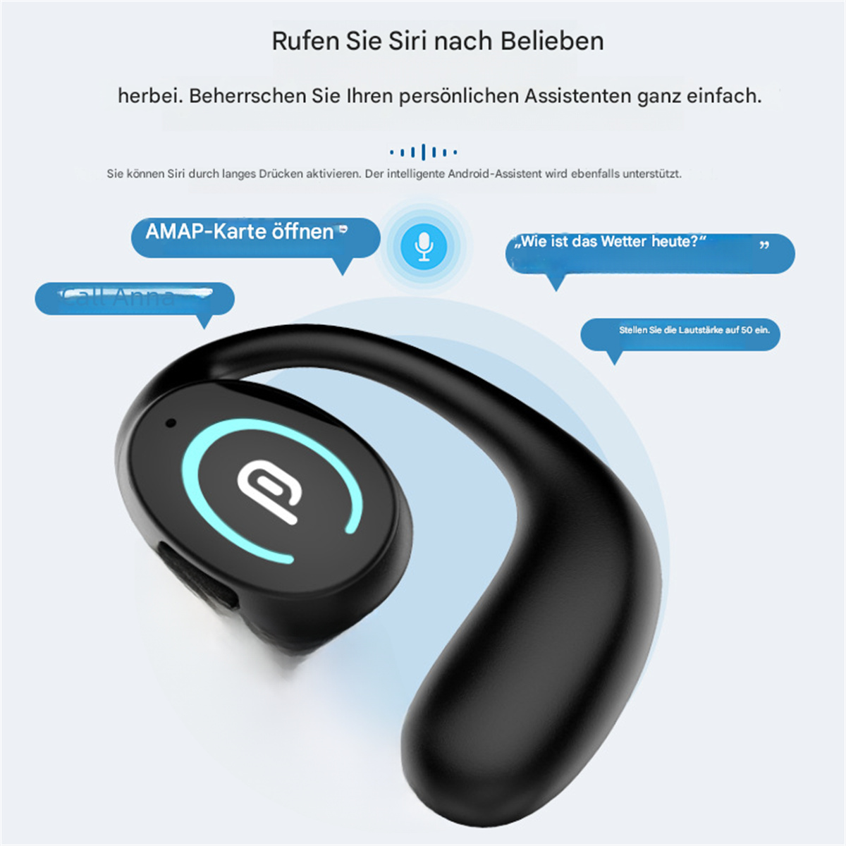 Schwarzer Kopfhörer mit Nackenband. Zeigt die Interaktion mit einem Sprachassistenten.