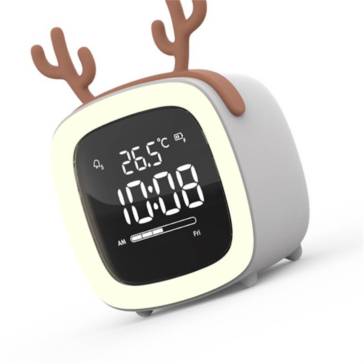 Grauer Wecker mit Geweih, zeigt Zeit und Temperatur.