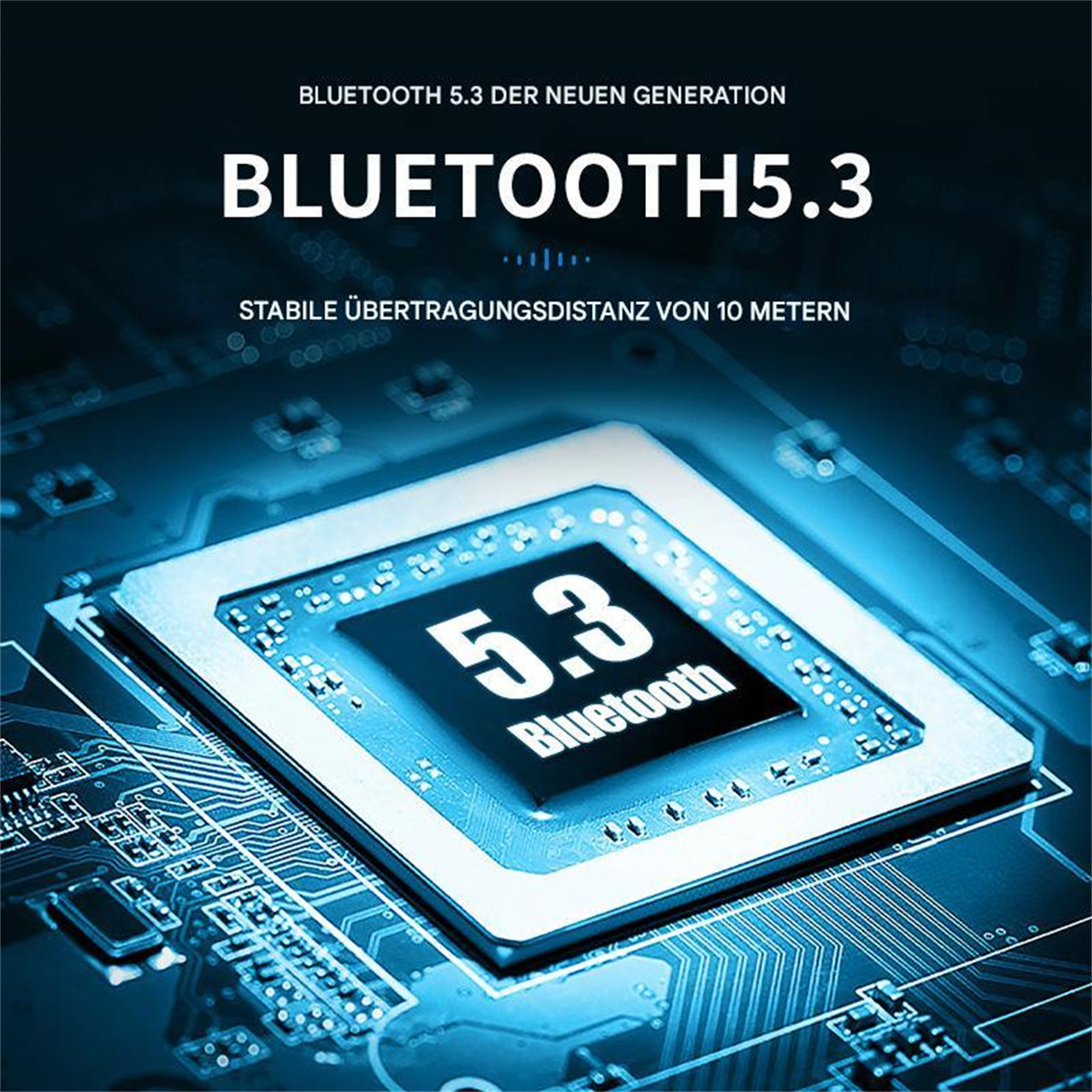 Elektronische Leiterplatte mit Bluetooth 5.3-Text und zugehörigen Komponenten.