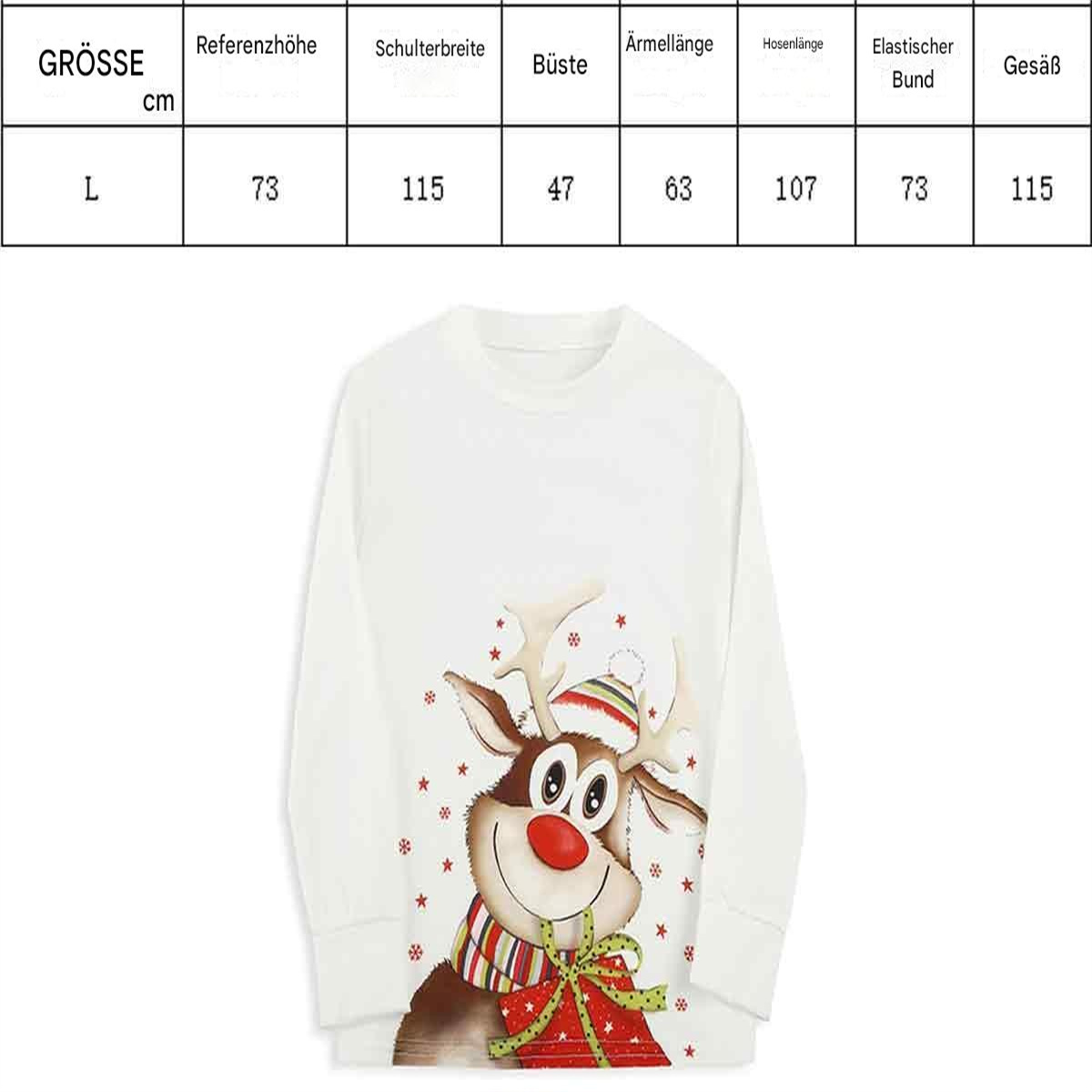 Weißer Weihnachts-Pullover, Größe L, mit Rentier-Design und Größentabelle.