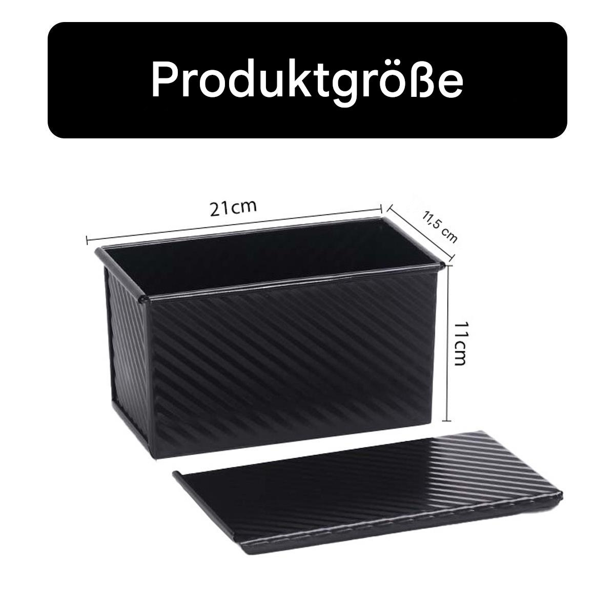 Eine schwarze Brotform mit Deckel, Maße beschriftet.