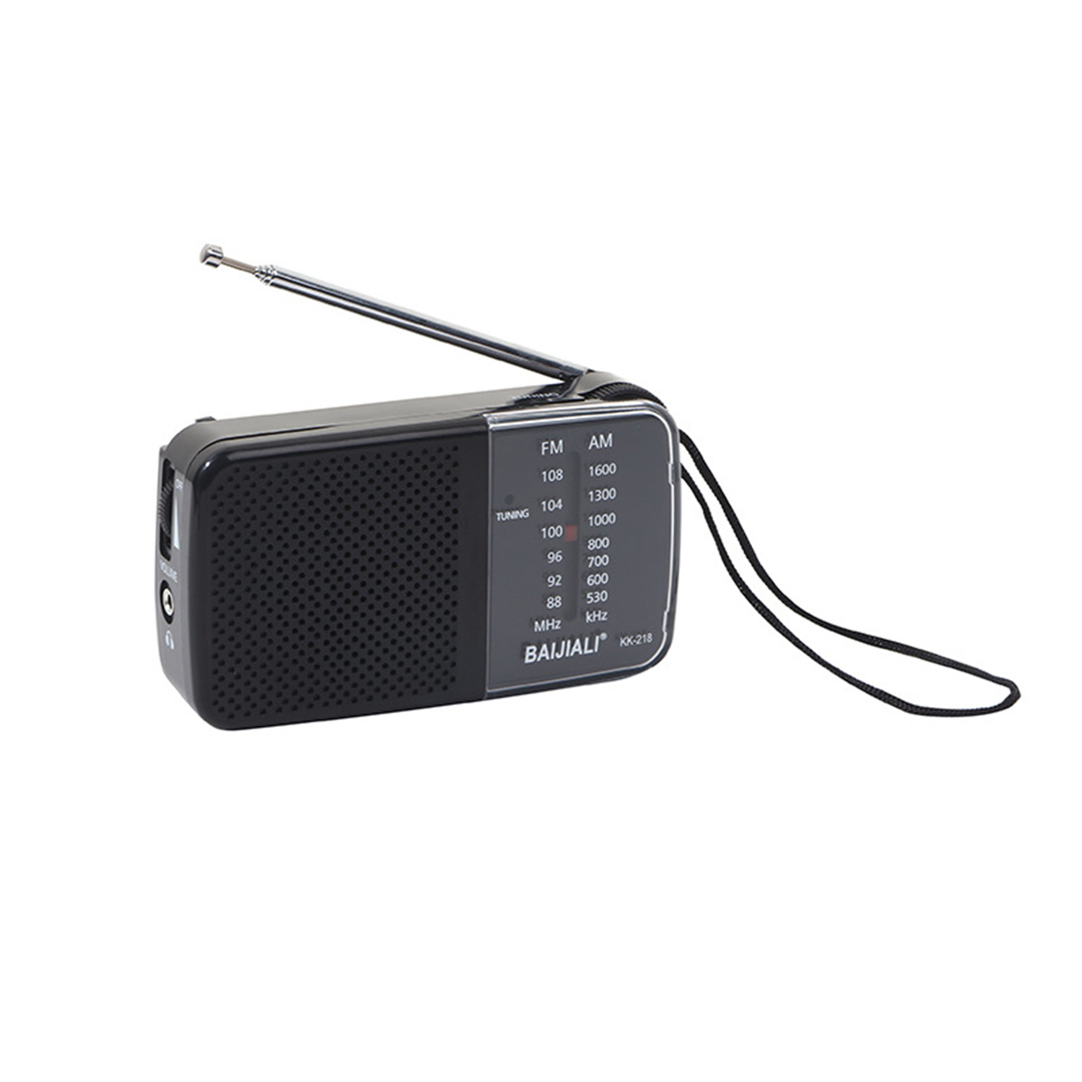 Ein schwarzes Radio mit Antenne und Abstimmungsrad auf weißem Hintergrund.
