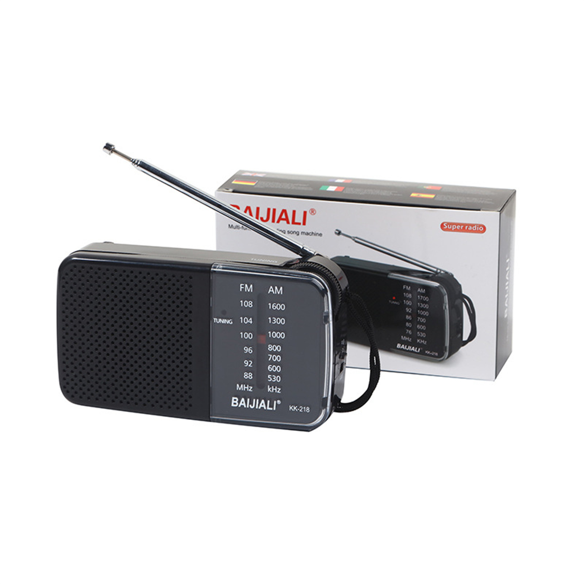 Schwarzes BAIJIALI Radio mit ausgezogener Antenne und einer Box, die das Radio und seine Funktionen zeigt.