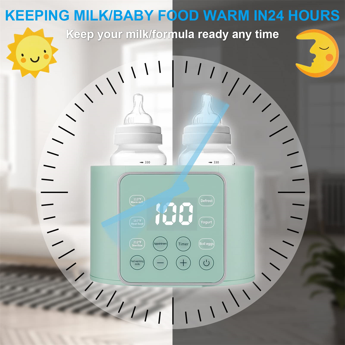Babyflaschenwärmer mit Flaschen, umgeben von einem uhrähnlichen Design sowie Sonne und Mond.