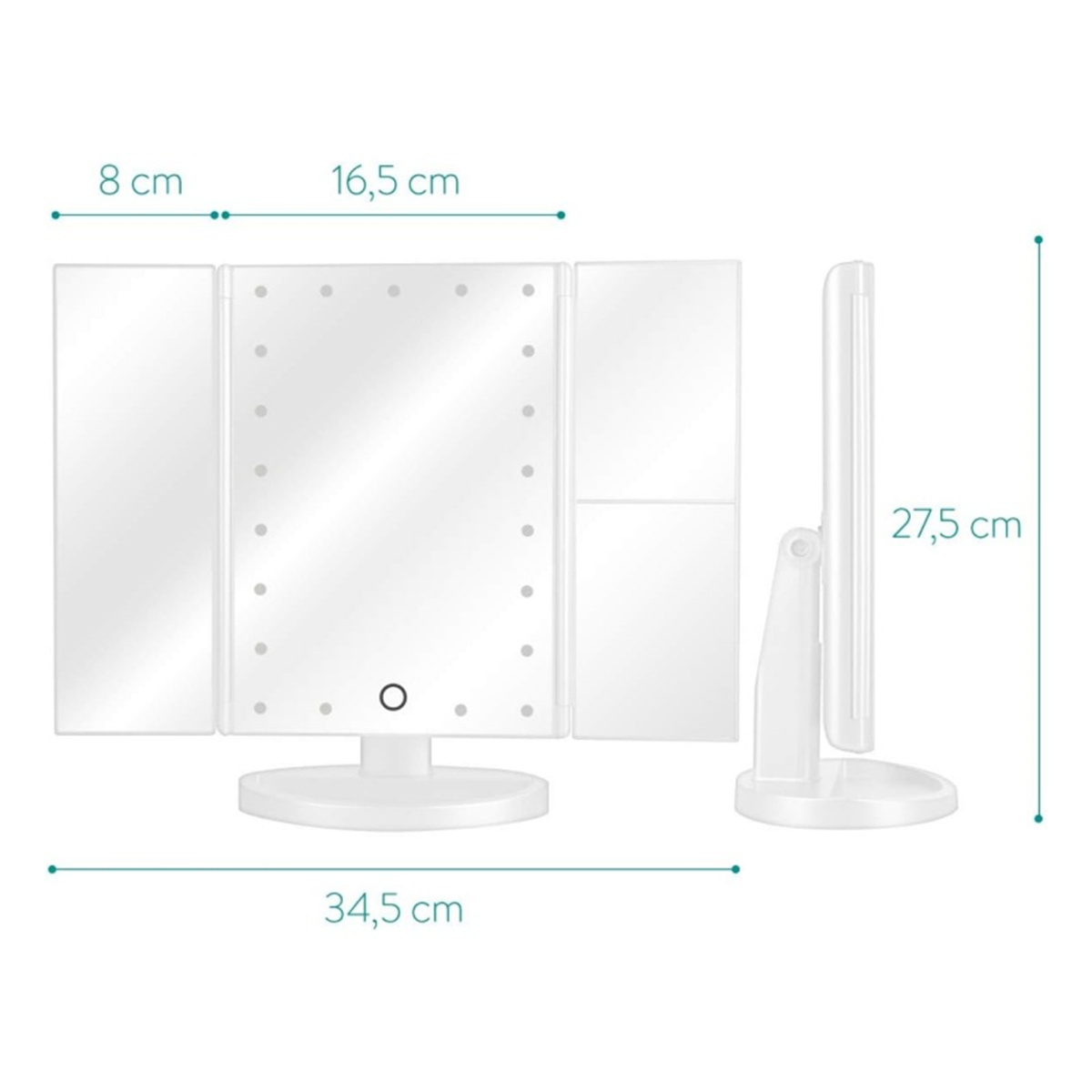 Weißer dreifach faltbarer Spiegel mit LED-Leuchten. Abmessungen: 8cm, 16,5cm, 34,5cm breit, 27,5cm hoch.