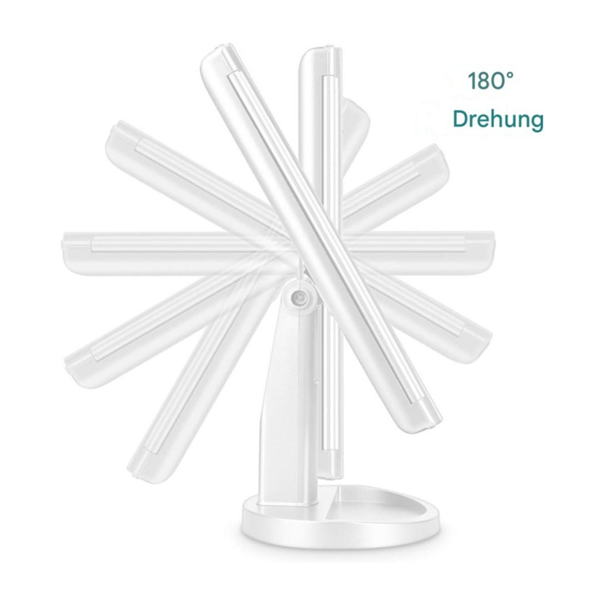 Ein weißer Klappspiegel. Er wird in verschiedenen Positionen mit 180-Grad-Drehung gezeigt.