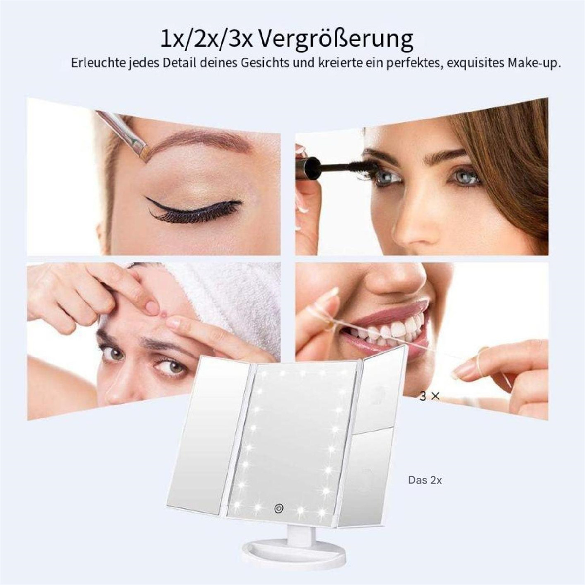 Spiegel mit verschiedenen Make-up-Anwendungen: Eyeliner, Mascara, Pickelentfernung, Zahnseide.