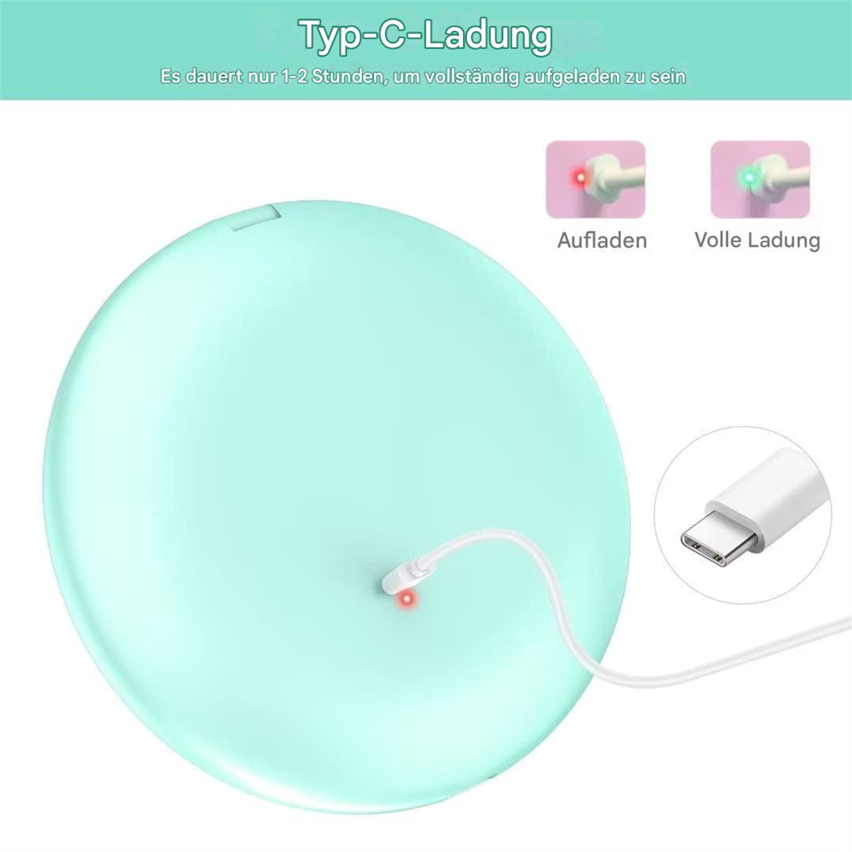 Ein türkisfarbenes Ladegerät. Zeigt den Ladestatus mit USB-C-Anschluss und Kabel.