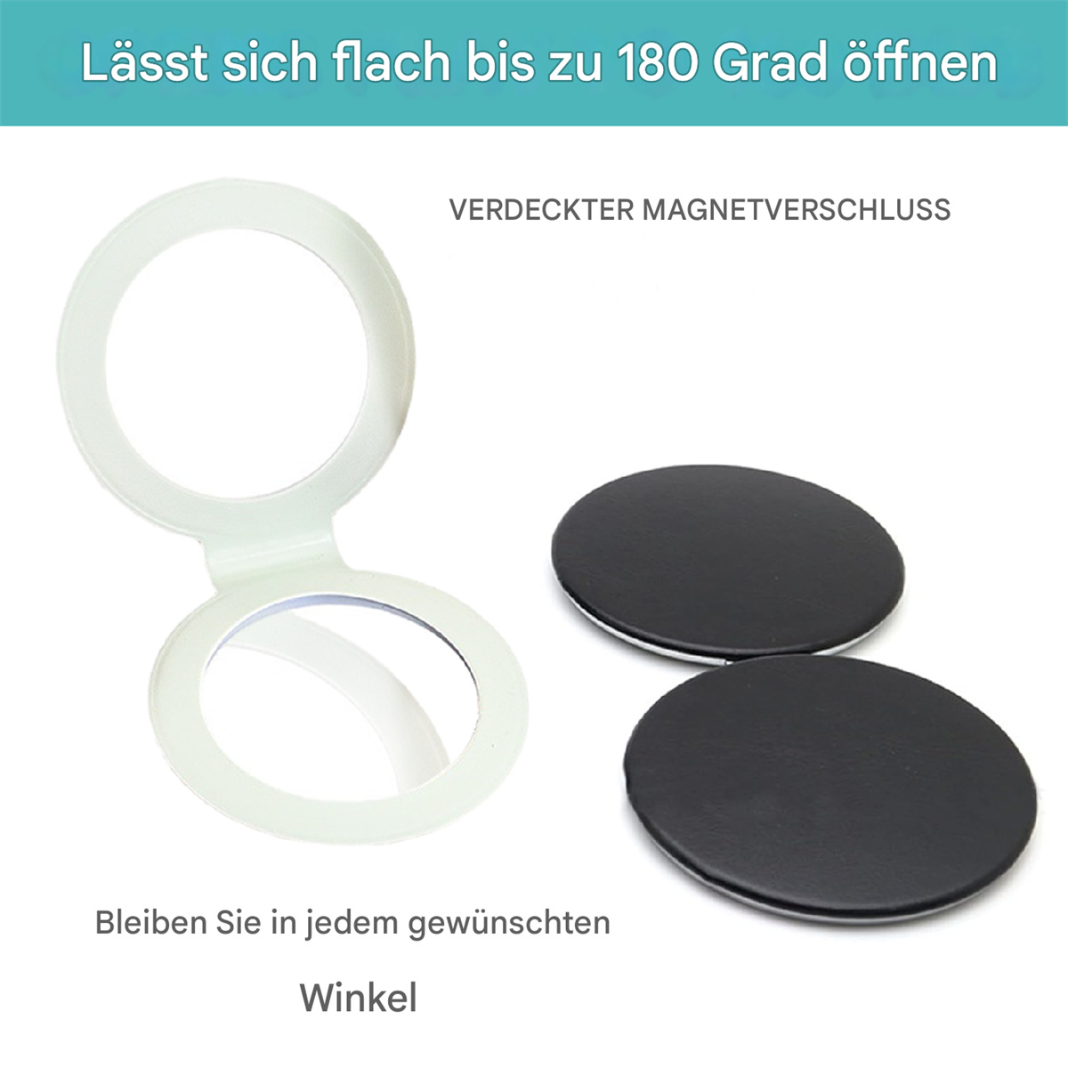 Ein weißer, faltbarer Spiegel mit zwei schwarzen runden Objekten. Text zeigt, dass er sich bis zu 180 Grad öffnen lässt.