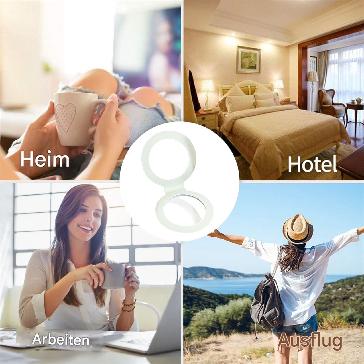 Vier Lifestyle-Bilder: Kaffee trinken zu Hause, in einem Hotel, Arbeiten und die Natur genießen.
