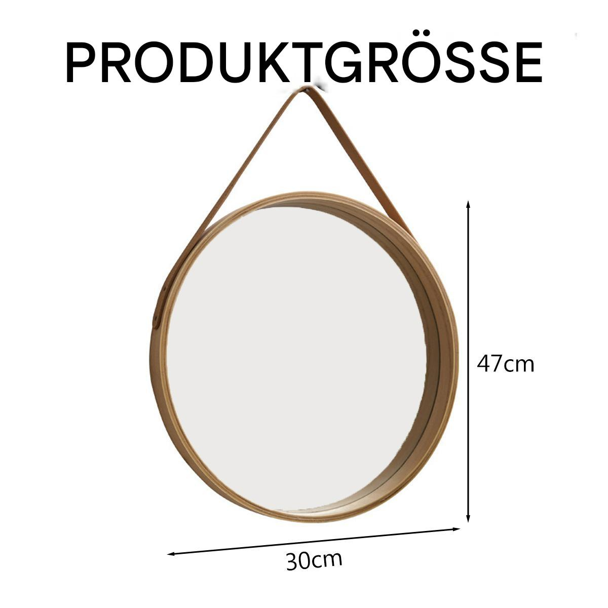 Ein runder Spiegel mit Holzrahmen, mit Maßen von 30cm und 47cm.