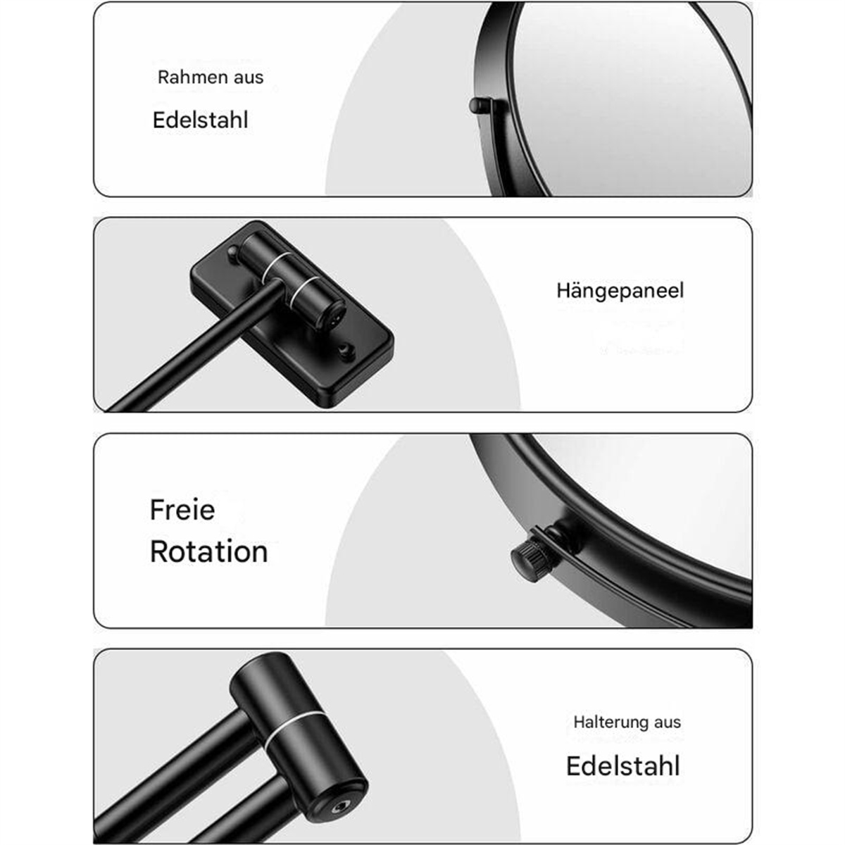 Vier Abschnitte eines Spiegels mit Edelstahlrahmen und schwarzen Scharnieren, die Drehung zeigen.