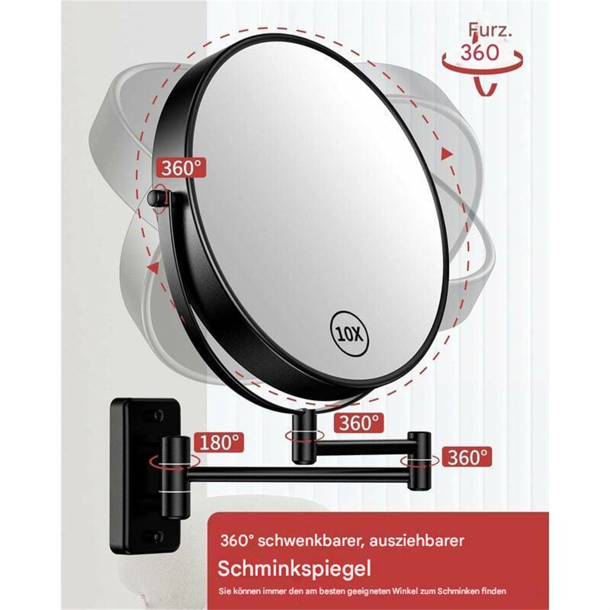 Ein um 360 Grad drehbarer und ausziehbarer Schminkspiegel an einer schwarzen Halterung.