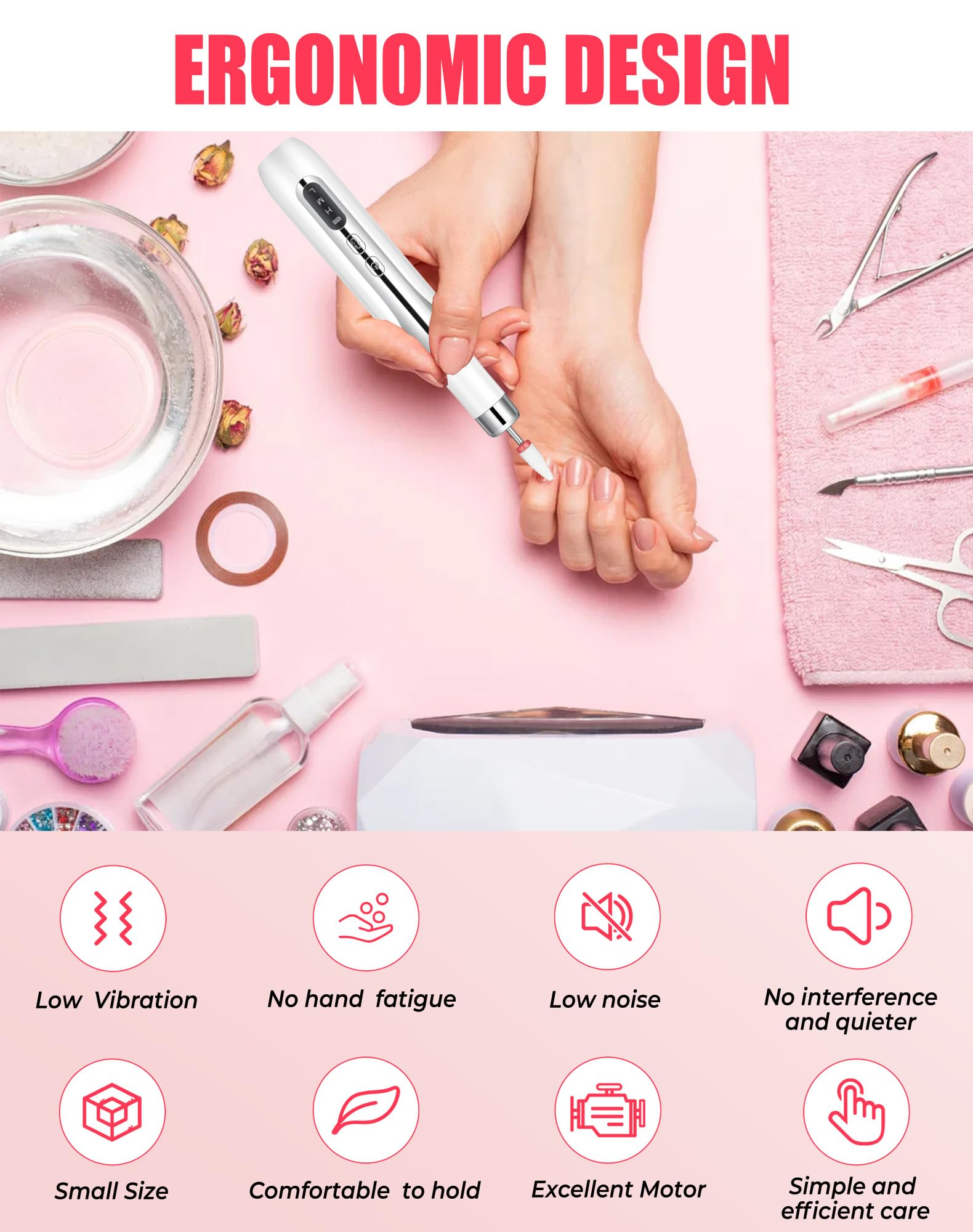 Hand hält einen Nagelbohrer. Werkzeuge und Maniküre-Zubehör auf rosa Oberfläche.
