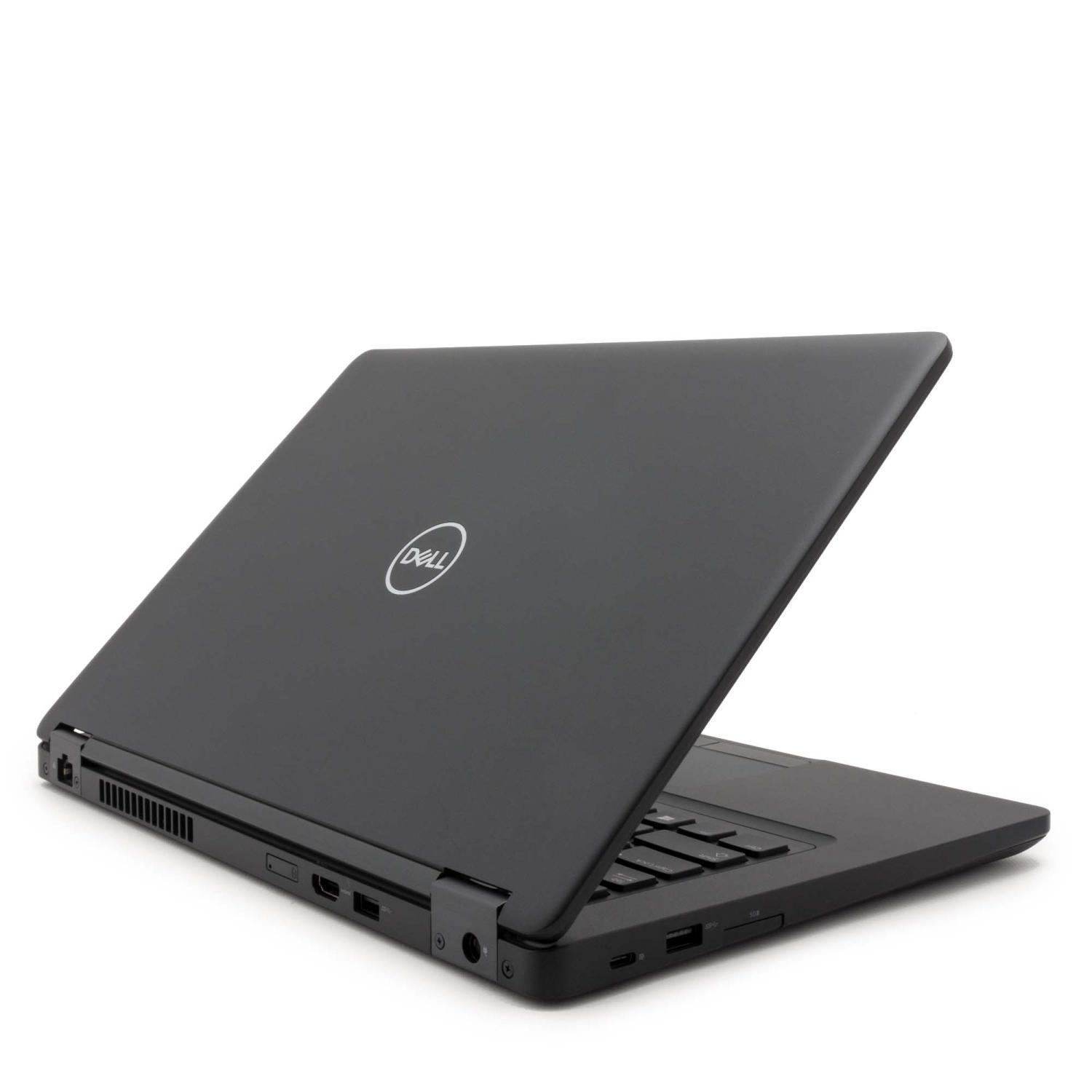 Schwarzer Dell Laptop, im Winkel geöffnet, mit Dell-Logo auf dem Deckel, weißer Hintergrund.