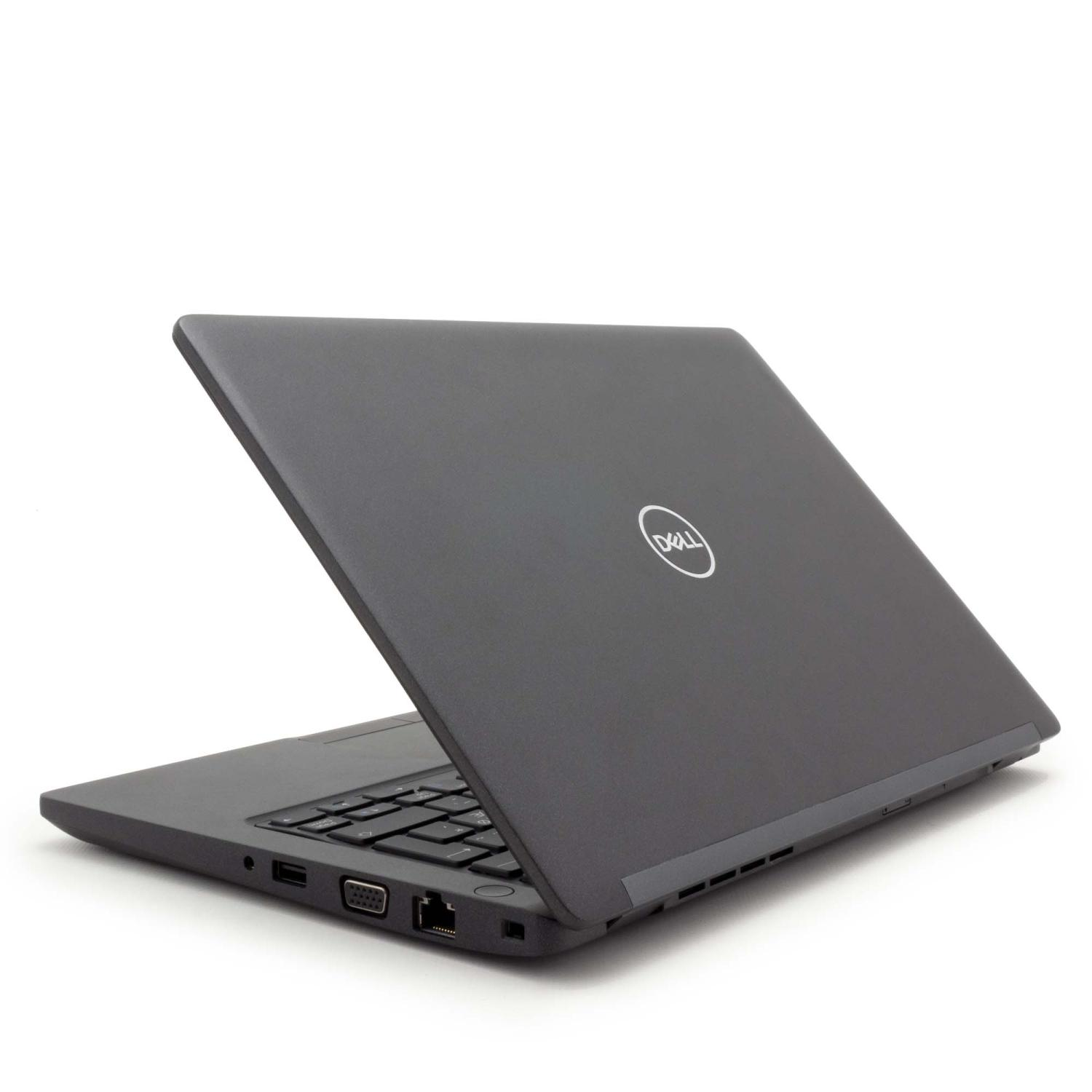 Ein dunkelgrauer Dell-Laptop, in einem Winkel geöffnet, mit dem Dell-Logo auf dem Deckel.
