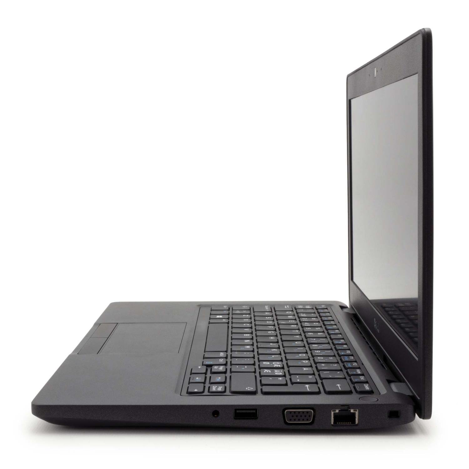 Ein schwarzer Laptop in Seitenansicht, Tastatur und Bildschirm zeigend.