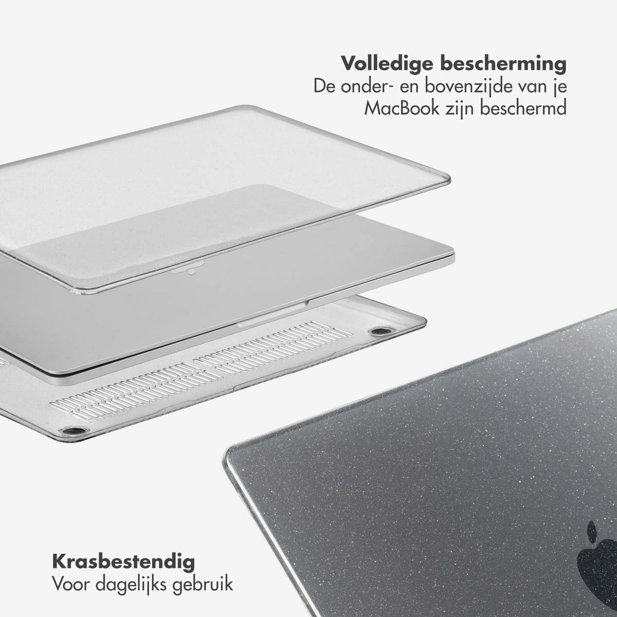 Transparente MacBook-Hülle in drei Schichten: oben, Mitte und Basis.