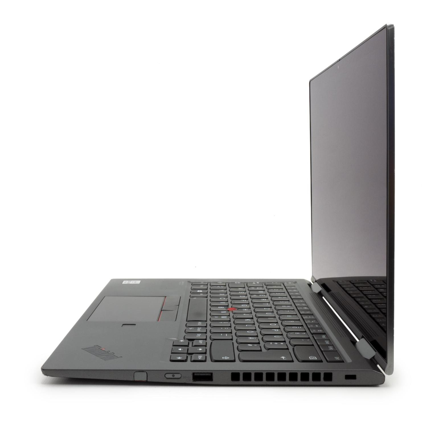 Laptop-Computer im Profil. Er ist dunkelgrau mit offenem Bildschirm, isoliert auf Weiß.