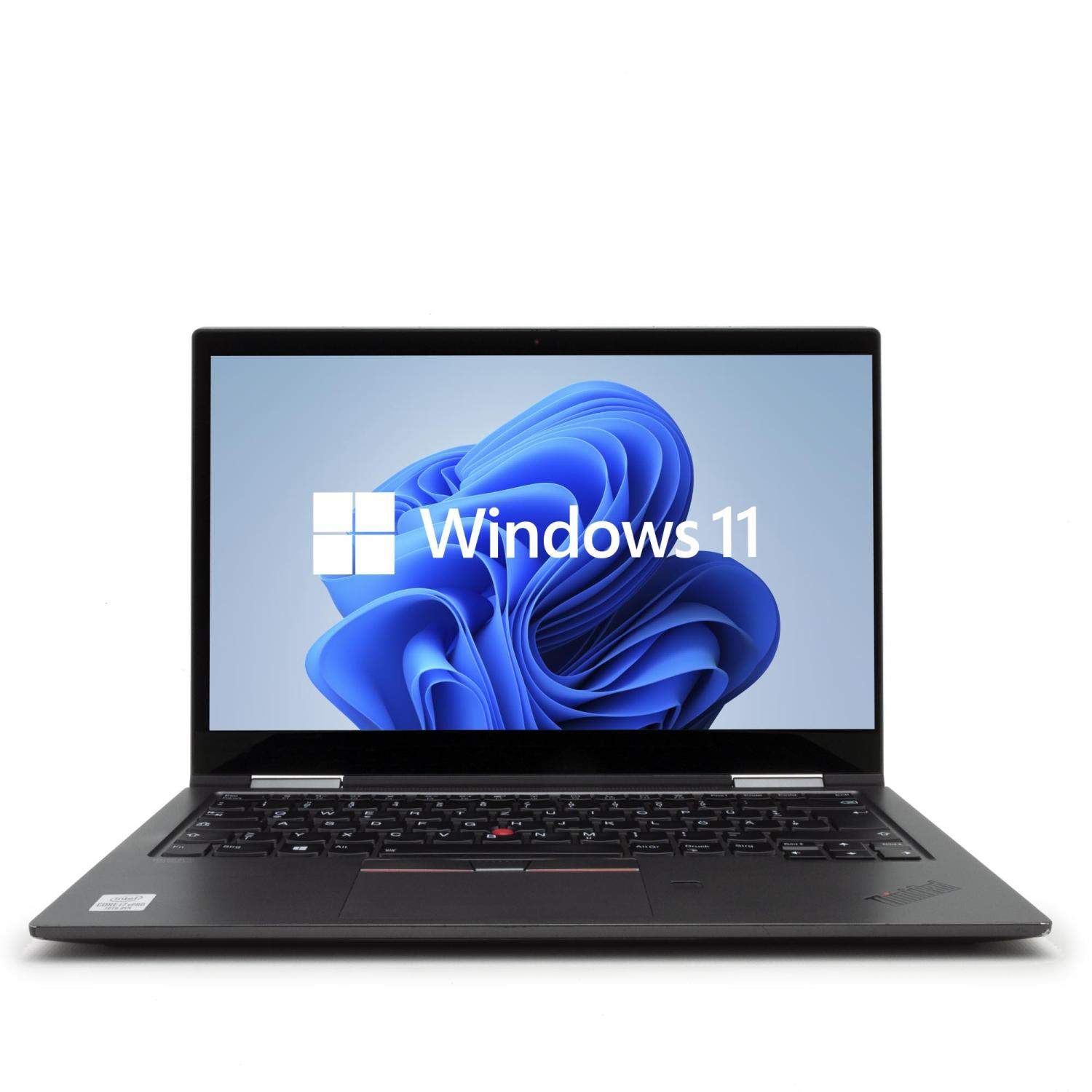Schwarzer Laptop geöffnet, zeigt Windows 11 auf dem Bildschirm. Weißer Hintergrund.