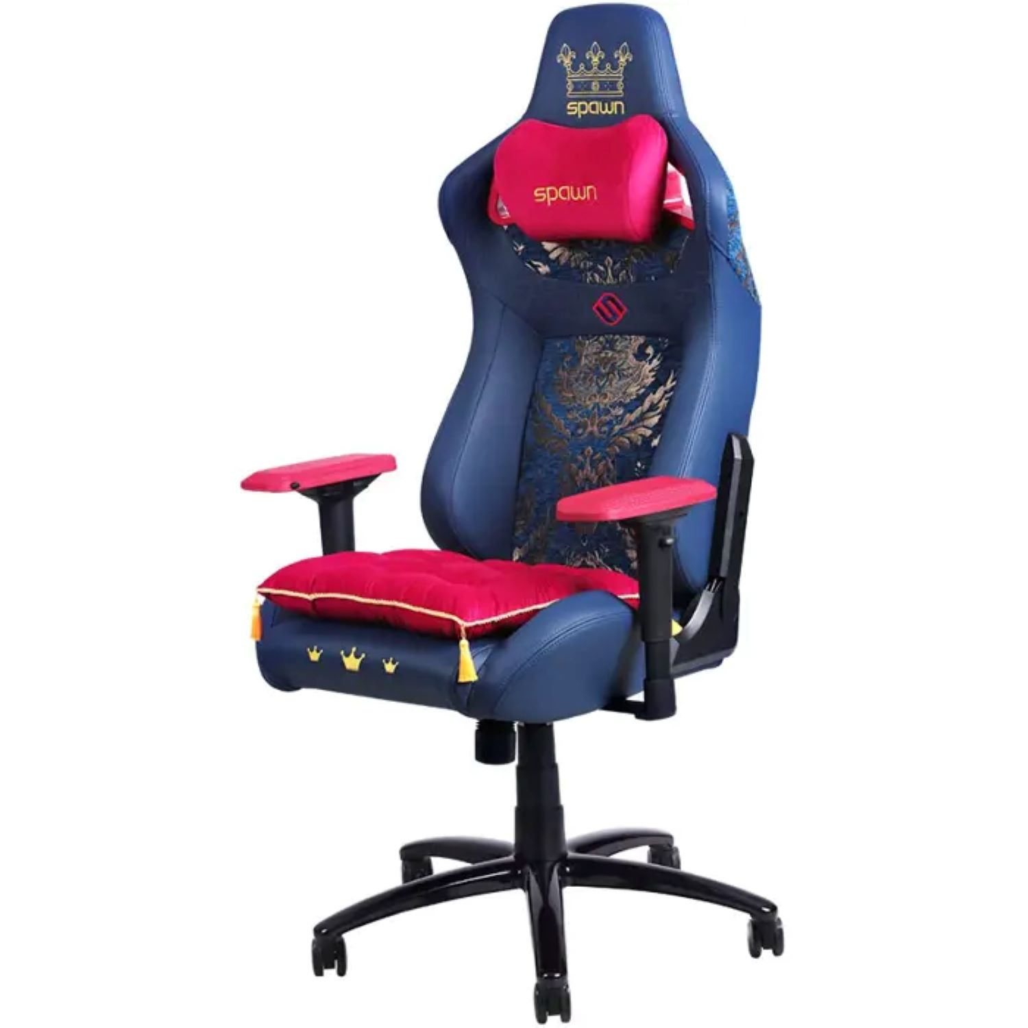 Gaming-Stuhl mit blauem Rückenteil und Sitz. Pinke Kopfstütze und Armlehnen. Schwarzes Gestell.
