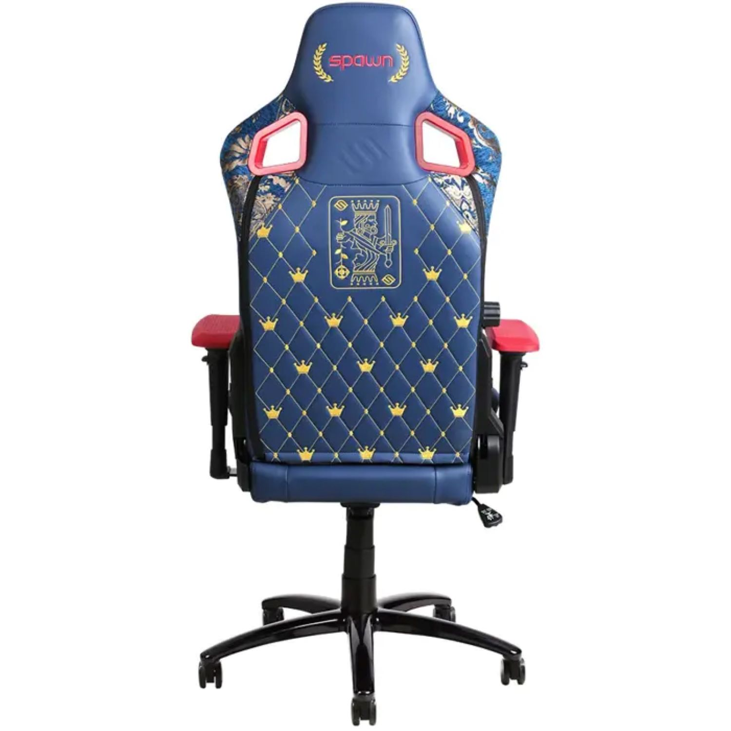 Gaming-Stuhl mit blauem Rücken, roten Armlehnen und goldenen Details, schwarzem Gestell.