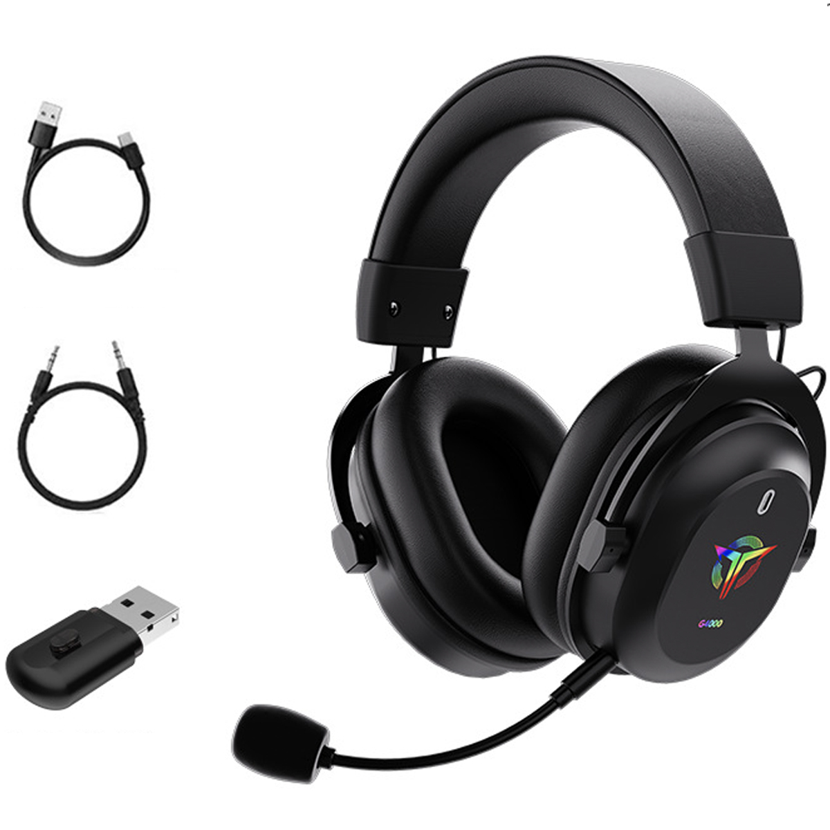 Schwarzes Gaming-Headset mit Mikrofon, drei Anschlusskabeln und einem USB-Empfänger.